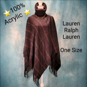 LRL Navy Acrylic Poncho w/ Plaid Pattern in Hot Pink & Gr
